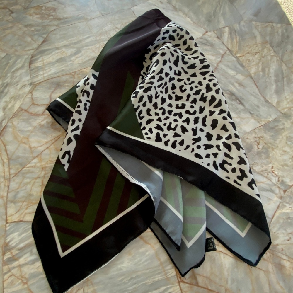 Olive Green Leopard Print Geometric Square Neck Scarf Black White Border